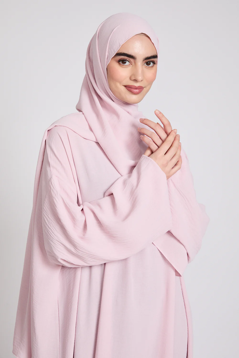 Closed Abaya with Front Zip and Attached Hijab - Blush - Image 2