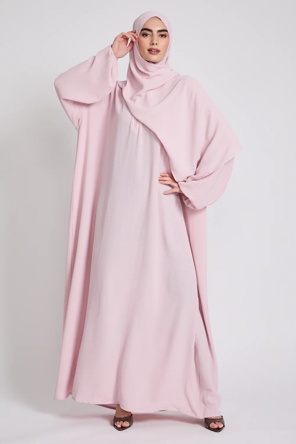 Closed Abaya with Front Zip and Attached Hijab - Blush - Image 3