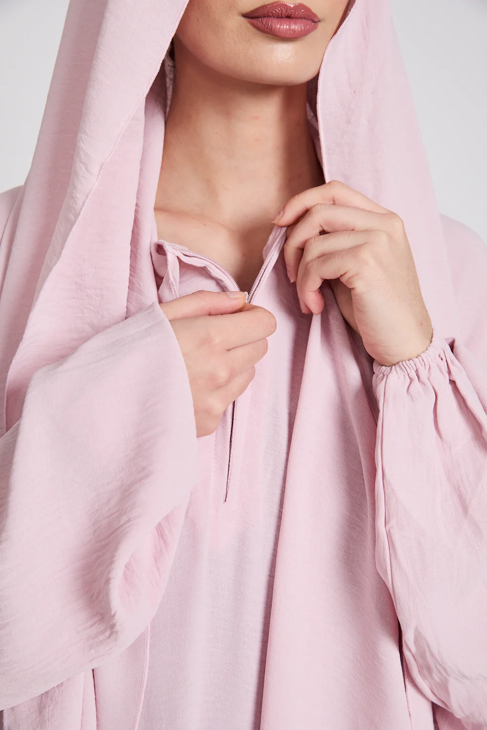 Closed Abaya with Front Zip and Attached Hijab - Blush - Image 4