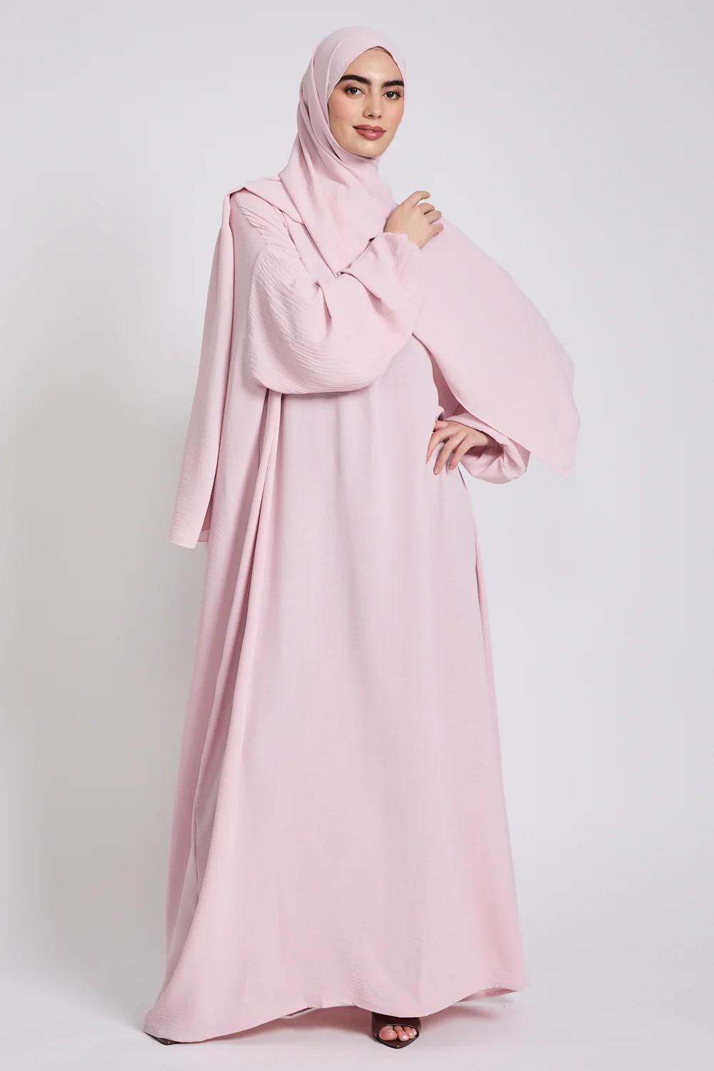 Closed Abaya with Front Zip and Attached Hijab - Blush - Image 5