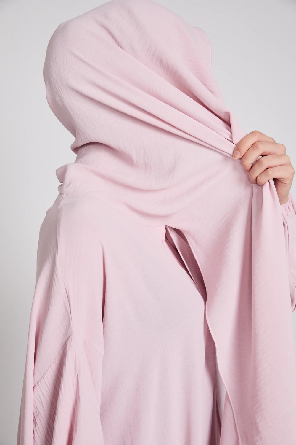 Closed Abaya with Front Zip and Attached Hijab - Blush - Image 6