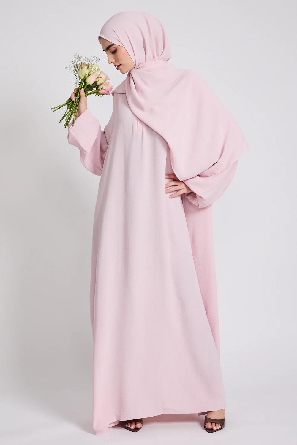 Closed Abaya with Front Zip and Attached Hijab - Blush - Image 8