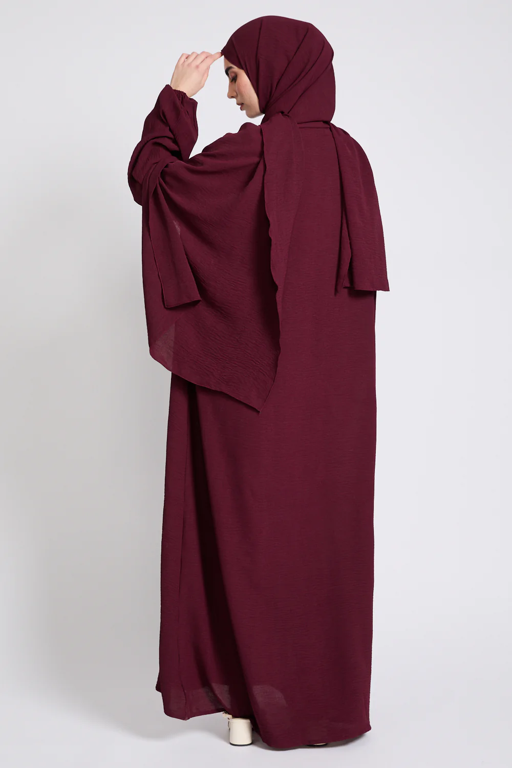 Closed Abaya with Front Zip and Attached Hijab - Burgundy Mist - Image 10