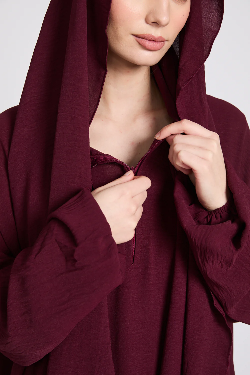 Closed Abaya with Front Zip and Attached Hijab - Burgundy Mist - Image 6