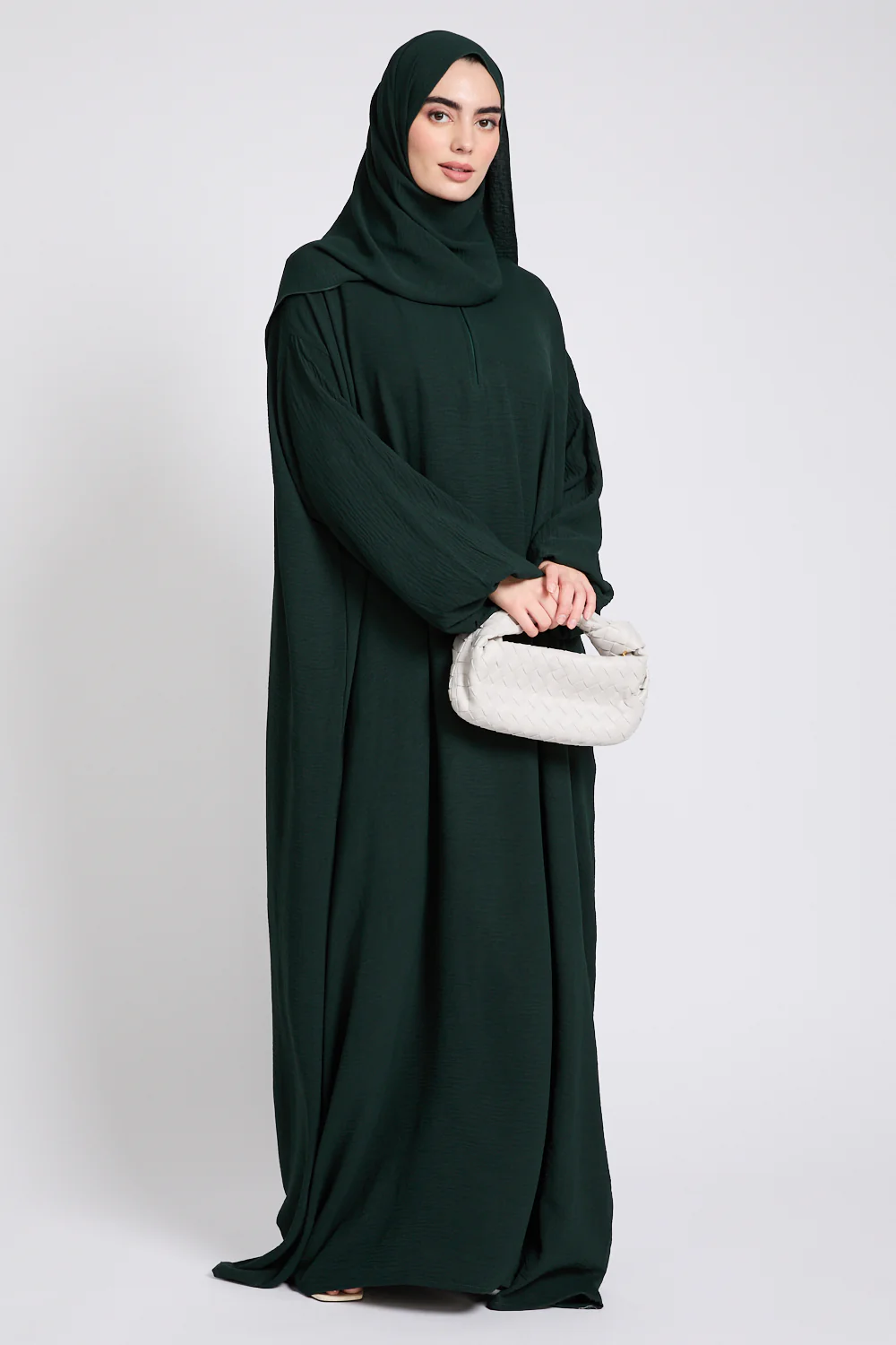 Closed Abaya with Front Zip and Attached Hijab - Forest Green