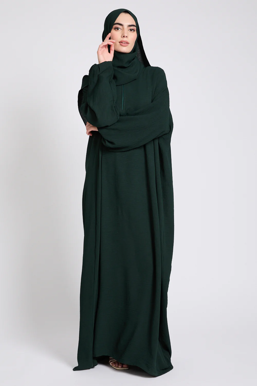Closed Abaya with Front Zip and Attached Hijab - Forest Green - Image 2