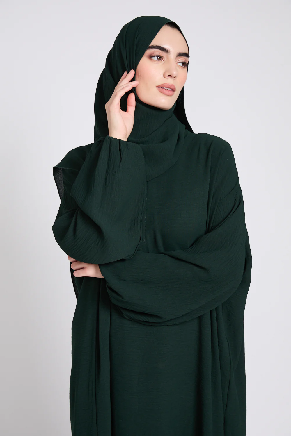 Closed Abaya with Front Zip and Attached Hijab - Forest Green - Image 3