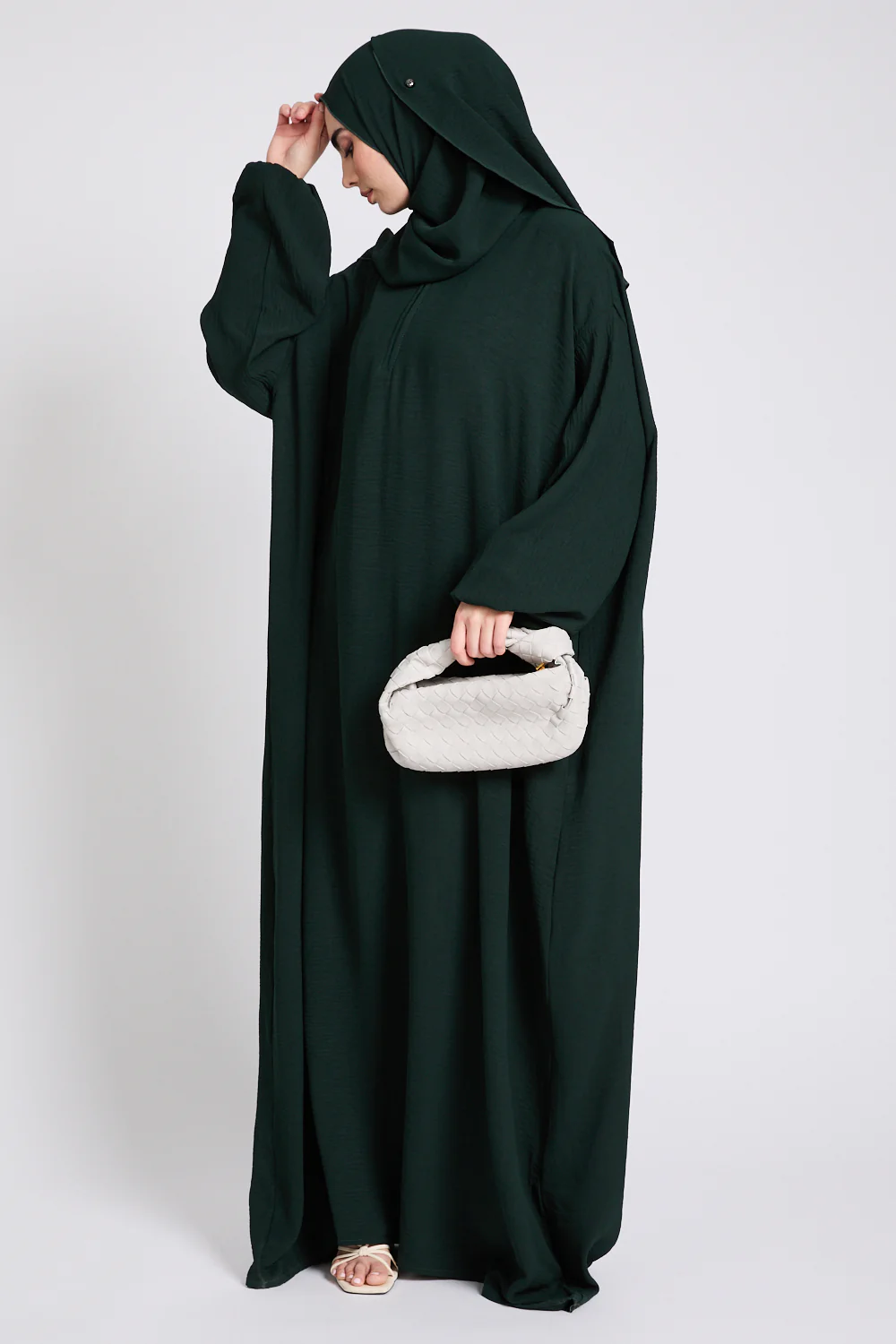 Closed Abaya with Front Zip and Attached Hijab - Forest Green - Image 4