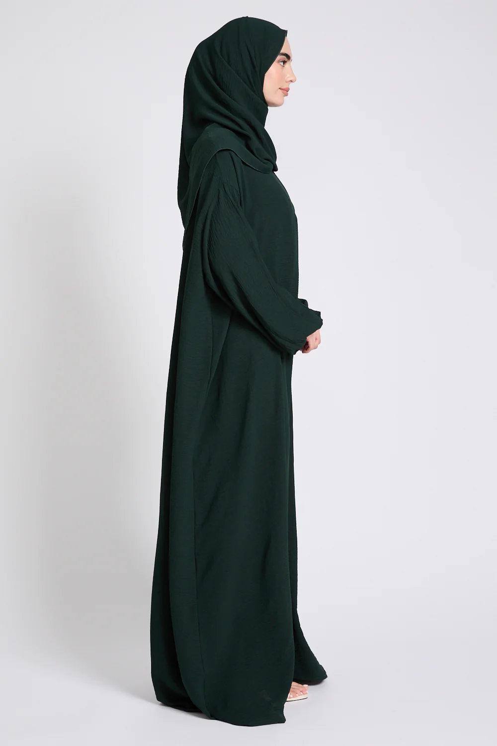 Closed Abaya with Front Zip and Attached Hijab - Forest Green - Image 5