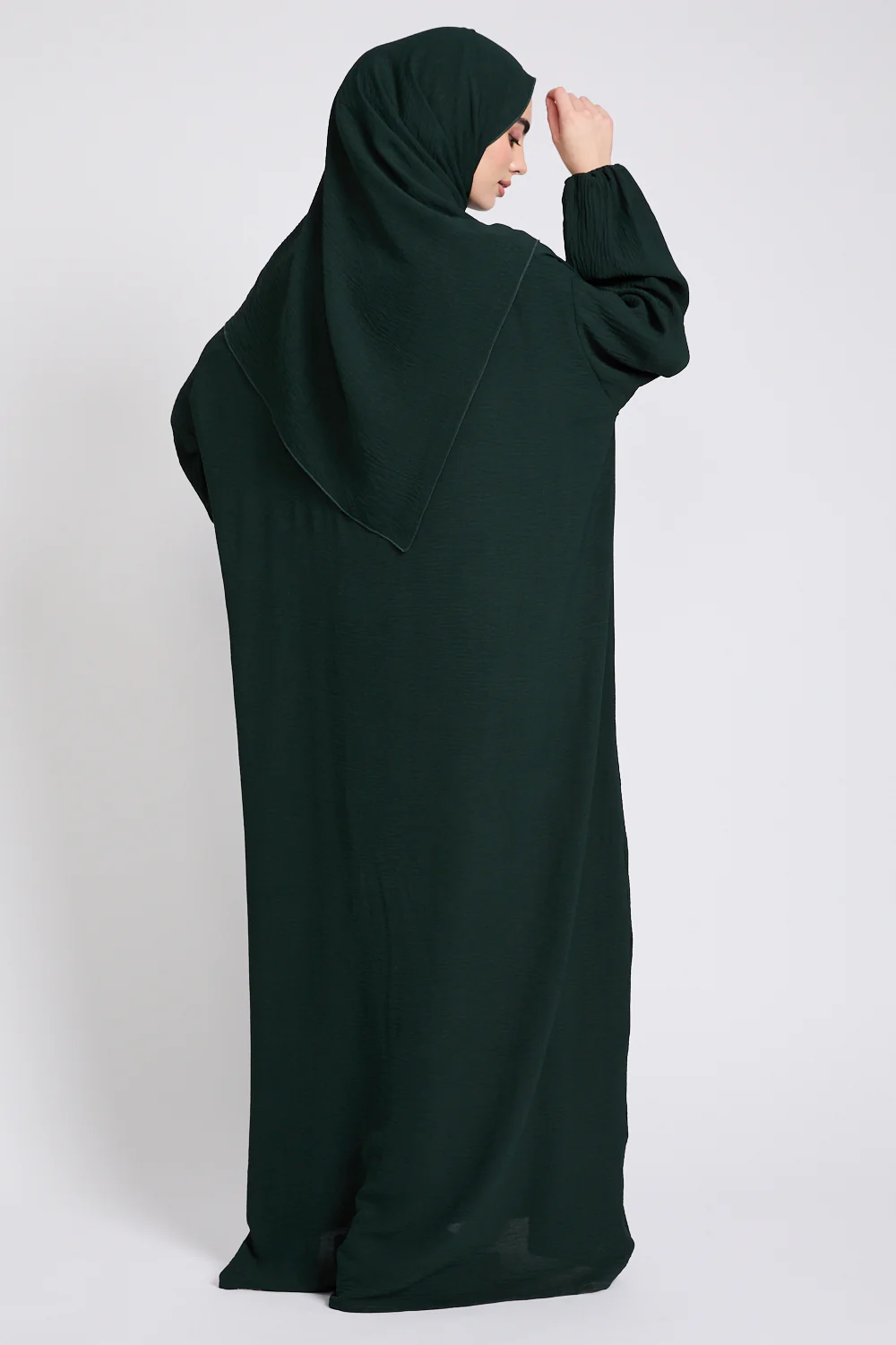 Closed Abaya with Front Zip and Attached Hijab - Forest Green - Image 6