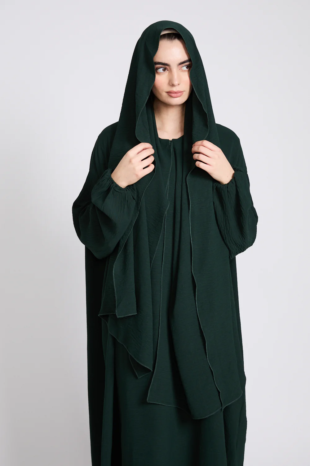 Closed Abaya with Front Zip and Attached Hijab - Forest Green - Image 7