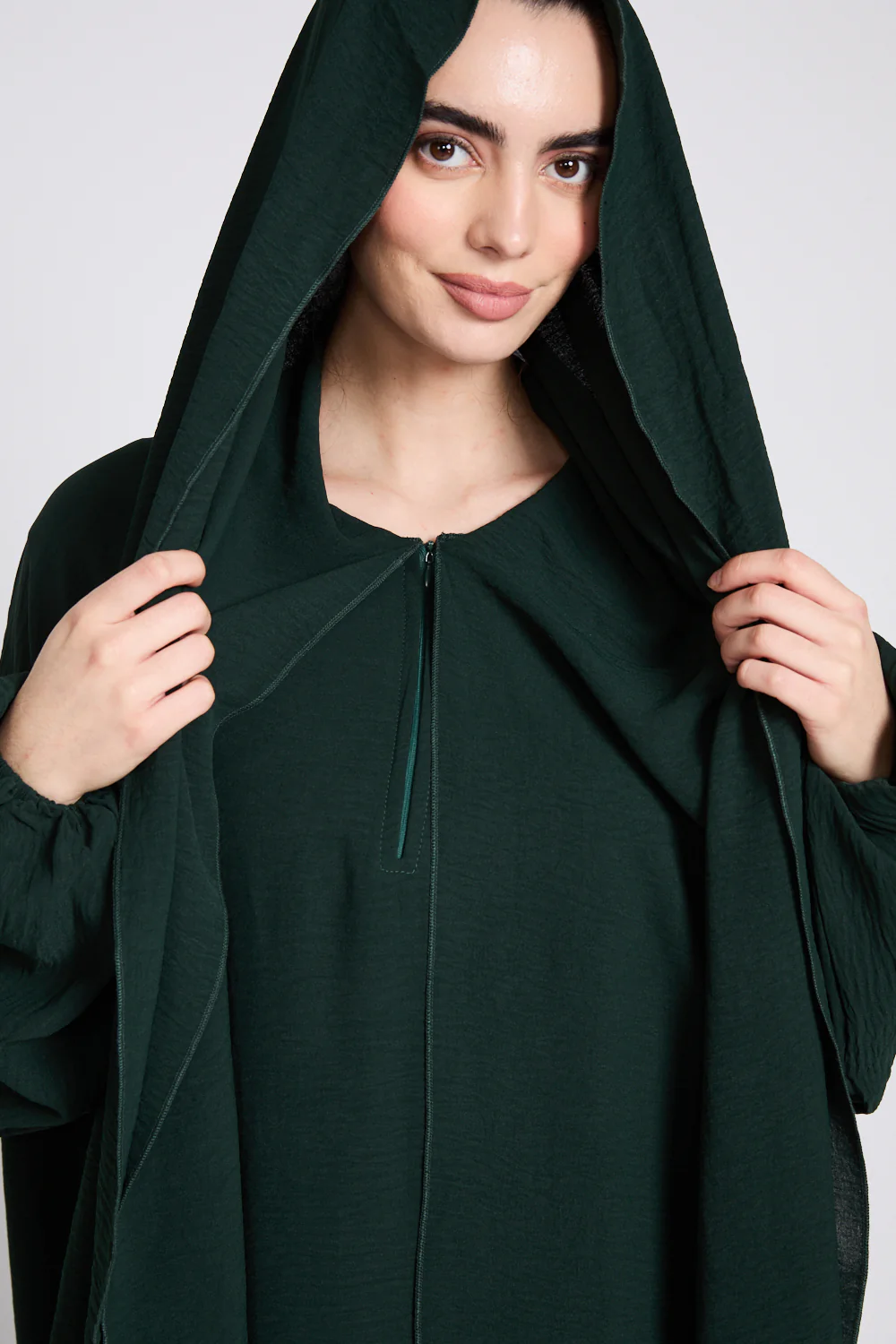 Closed Abaya with Front Zip and Attached Hijab - Forest Green - Image 8