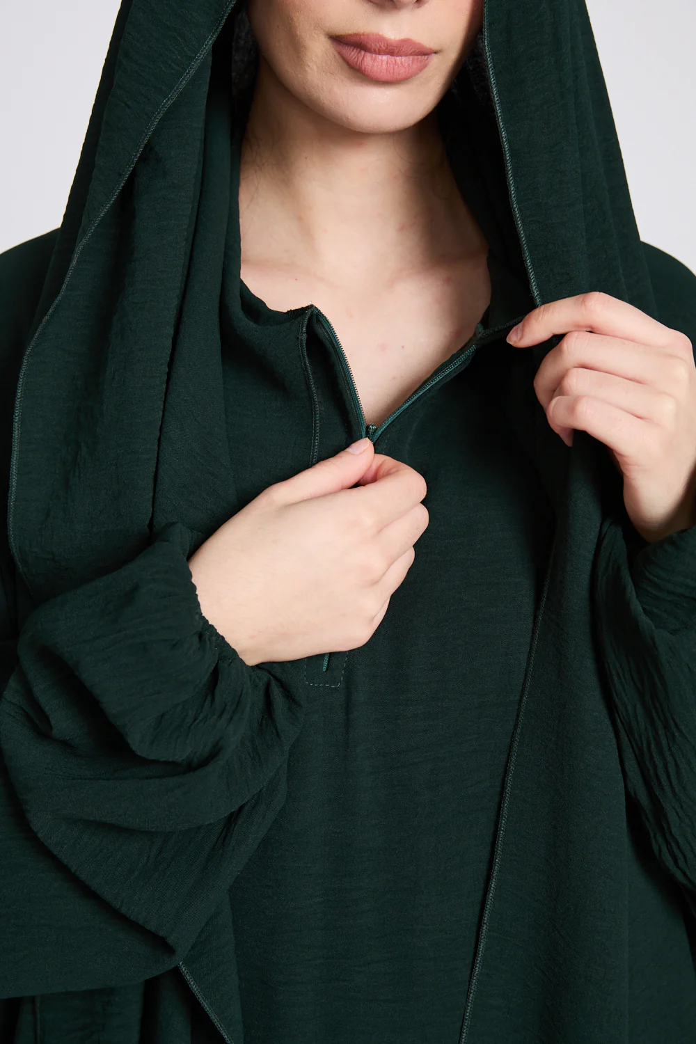 Closed Abaya with Front Zip and Attached Hijab - Forest Green - Image 9