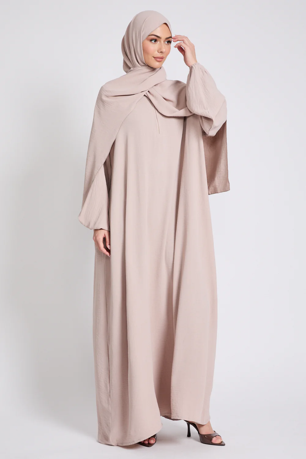 Closed Abaya with Front Zip and Attached Hijab - Natural