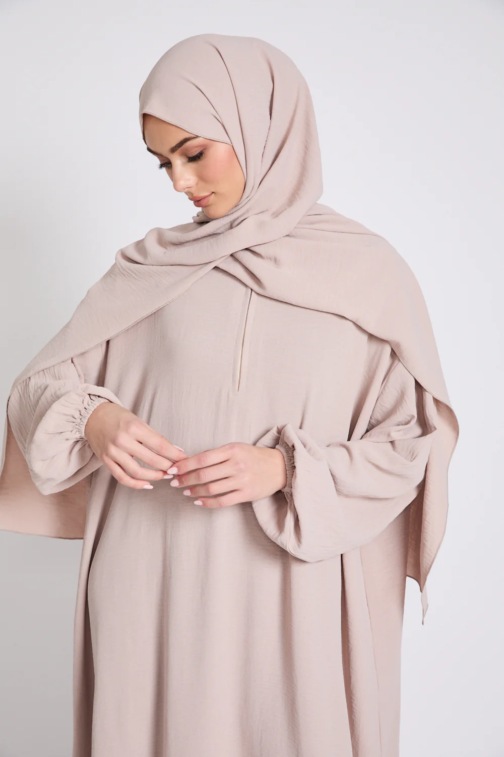 Closed Abaya with Front Zip and Attached Hijab - Natural - Image 2