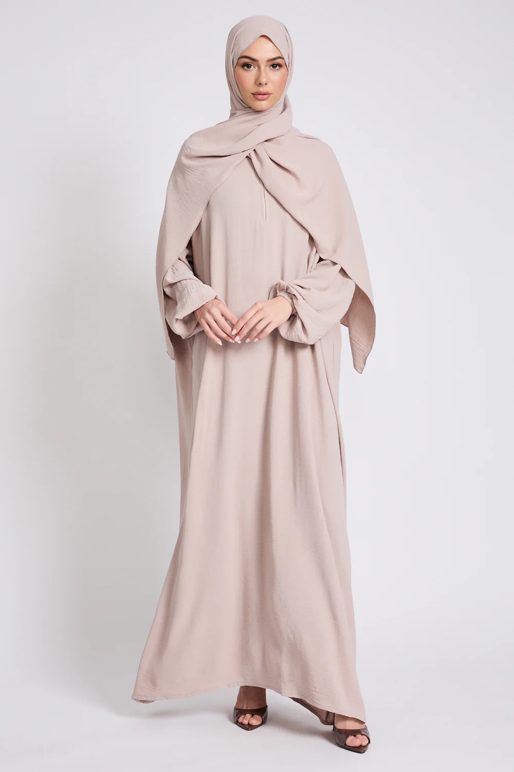 Closed Abaya with Front Zip and Attached Hijab - Natural - Image 3