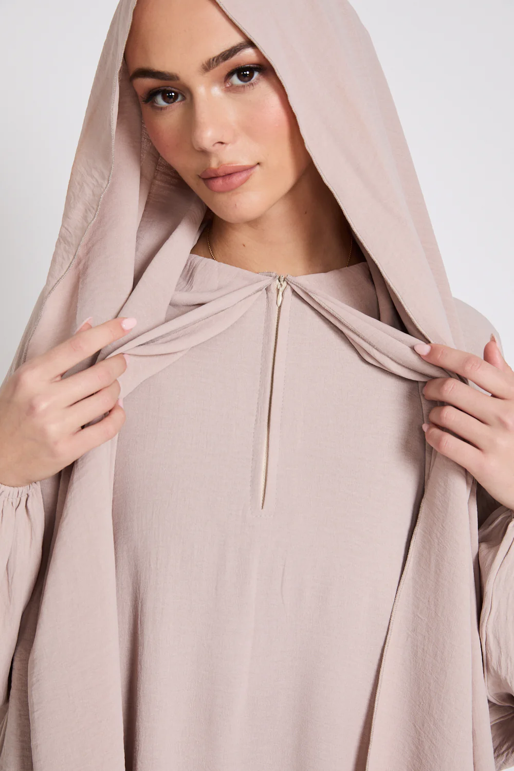 Closed Abaya with Front Zip and Attached Hijab - Natural - Image 4