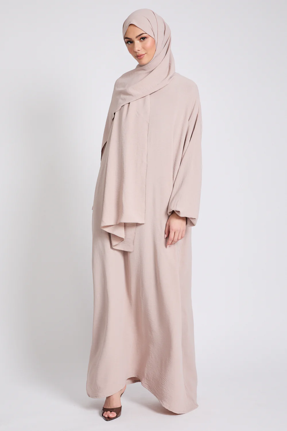 Closed Abaya with Front Zip and Attached Hijab - Natural - Image 5
