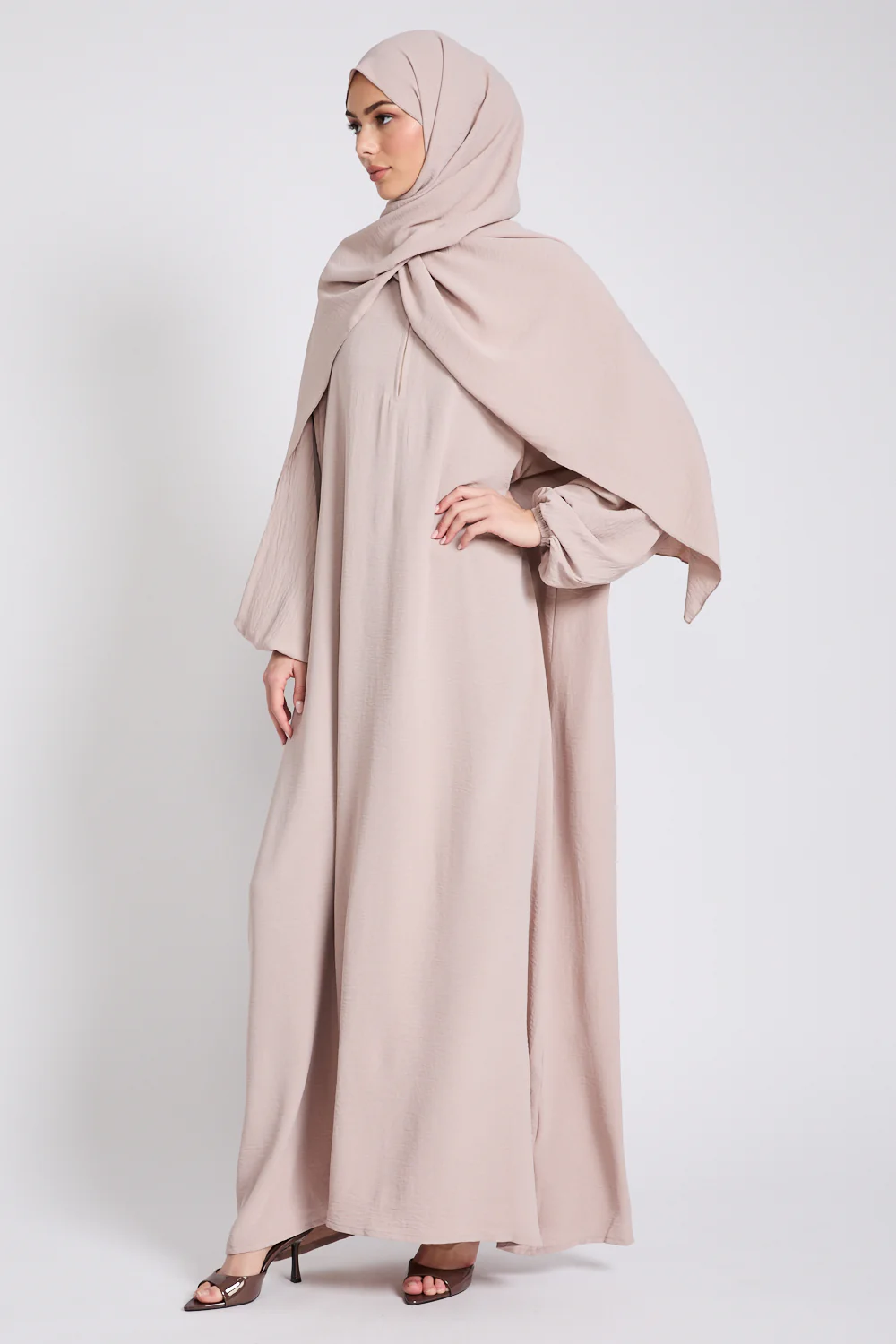 Closed Abaya with Front Zip and Attached Hijab - Natural - Image 6