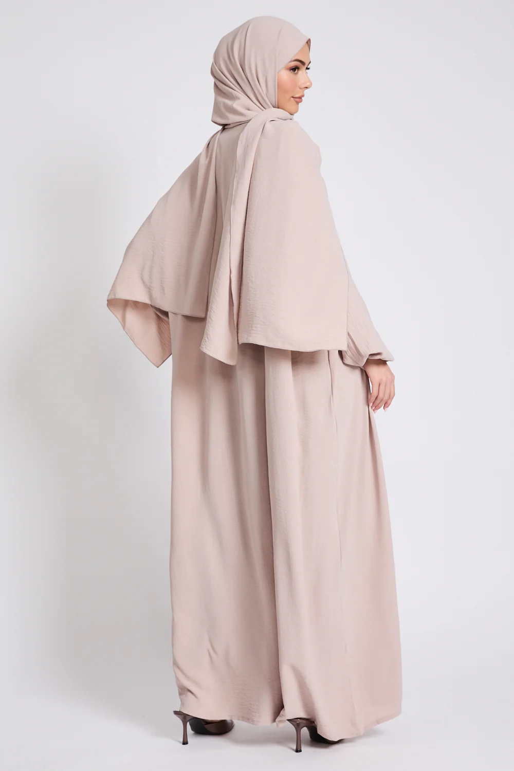 Closed Abaya with Front Zip and Attached Hijab - Natural - Image 8