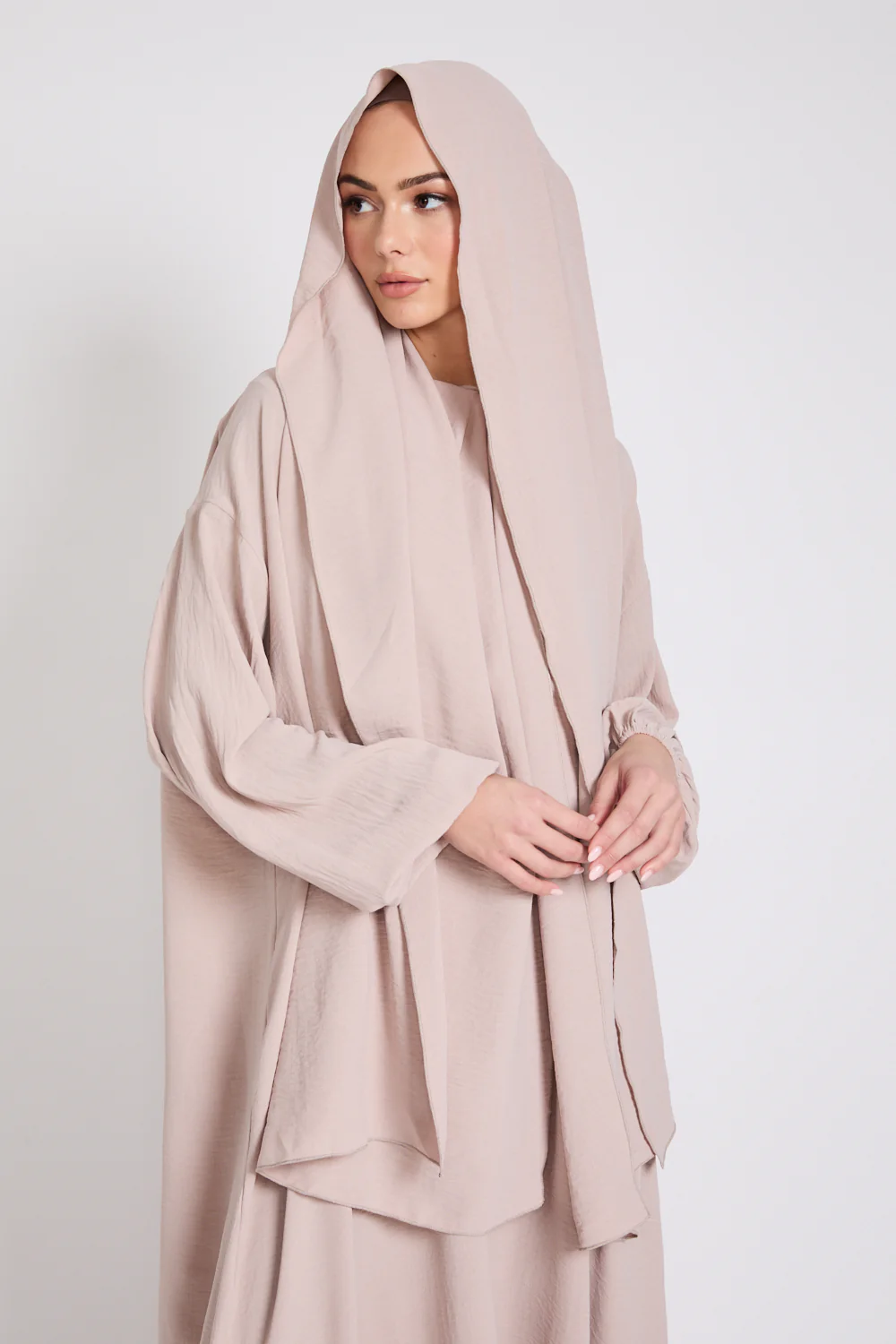 Closed Abaya with Front Zip and Attached Hijab - Natural - Image 9