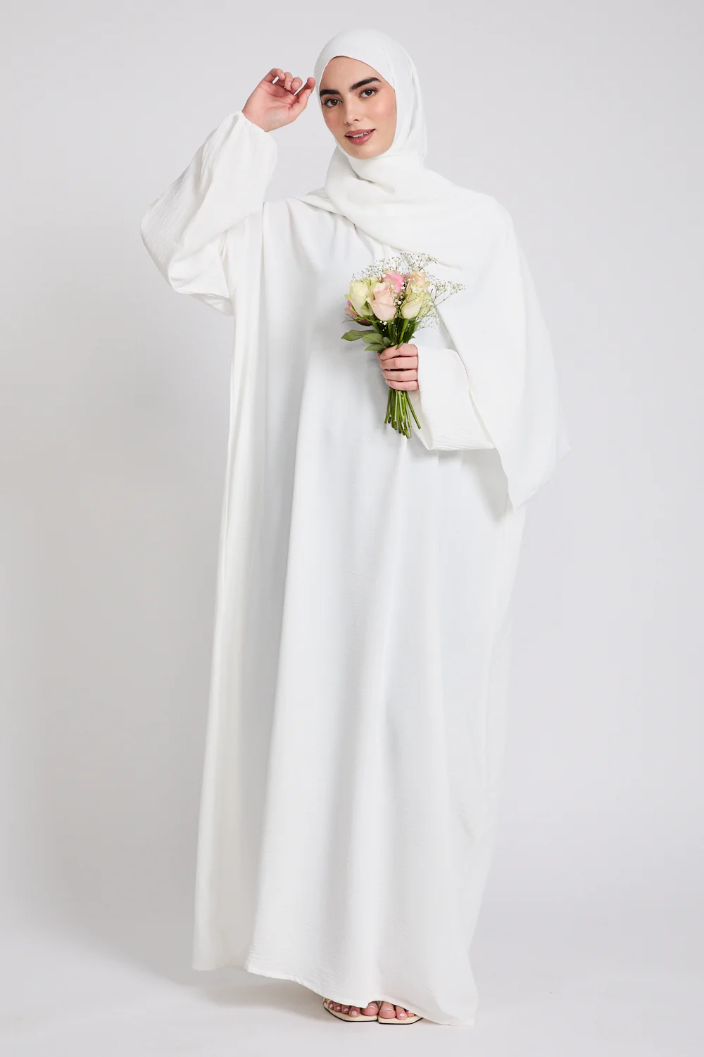 Closed Abaya with Front Zip and Attached Hijab - Off White