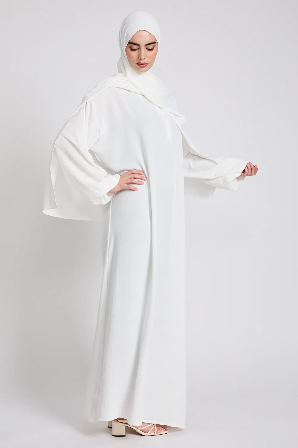 Closed Abaya with Front Zip and Attached Hijab - Off White - Image 10