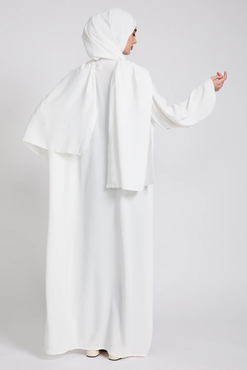 Closed Abaya with Front Zip and Attached Hijab - Off White - Image 11