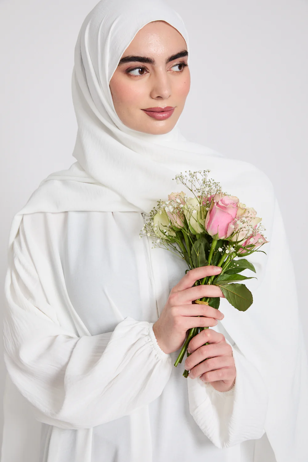 Closed Abaya with Front Zip and Attached Hijab - Off White - Image 2