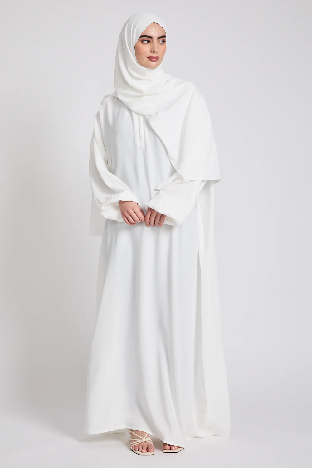 Closed Abaya with Front Zip and Attached Hijab - Off White - Image 3