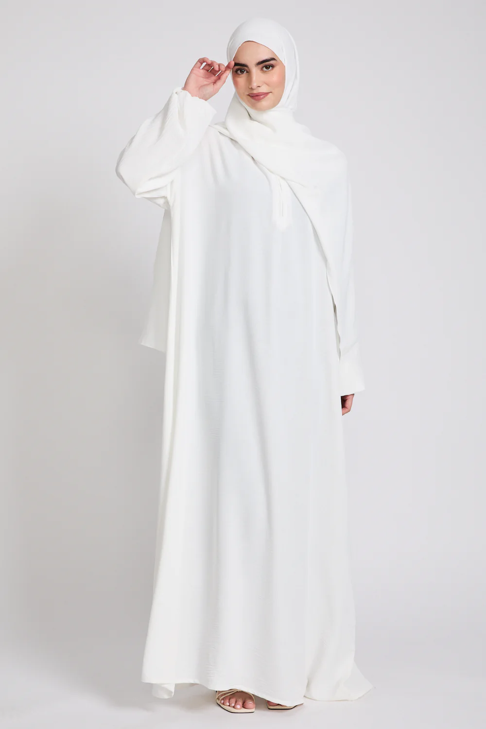 Closed Abaya with Front Zip and Attached Hijab - Off White - Image 5
