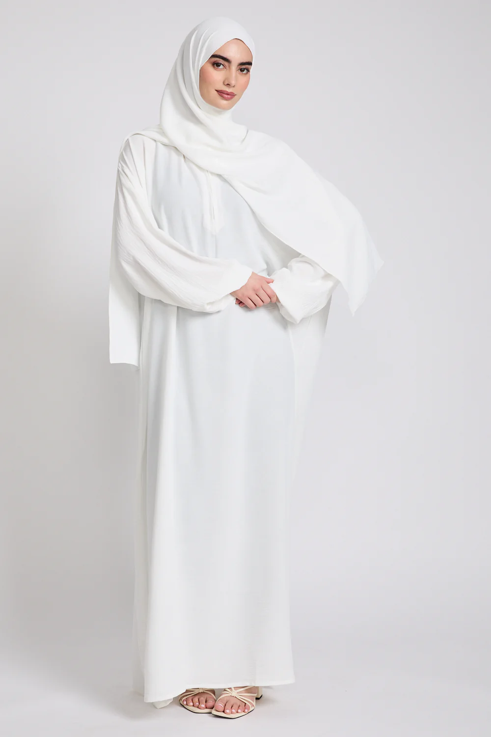 Closed Abaya with Front Zip and Attached Hijab - Off White - Image 6