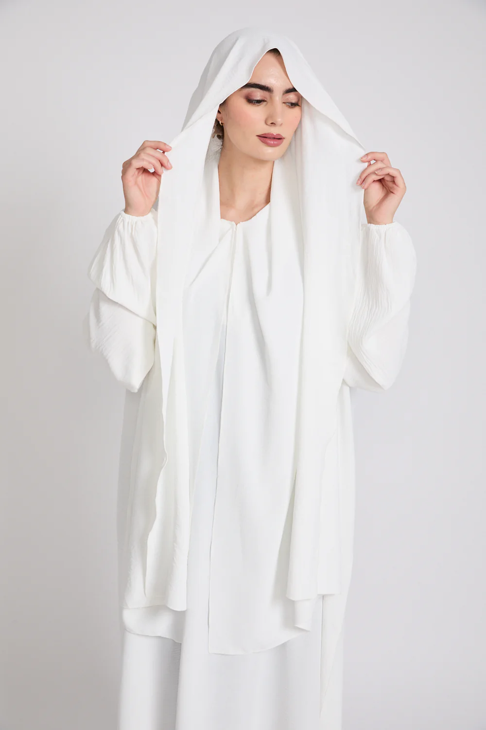 Closed Abaya with Front Zip and Attached Hijab - Off White - Image 7