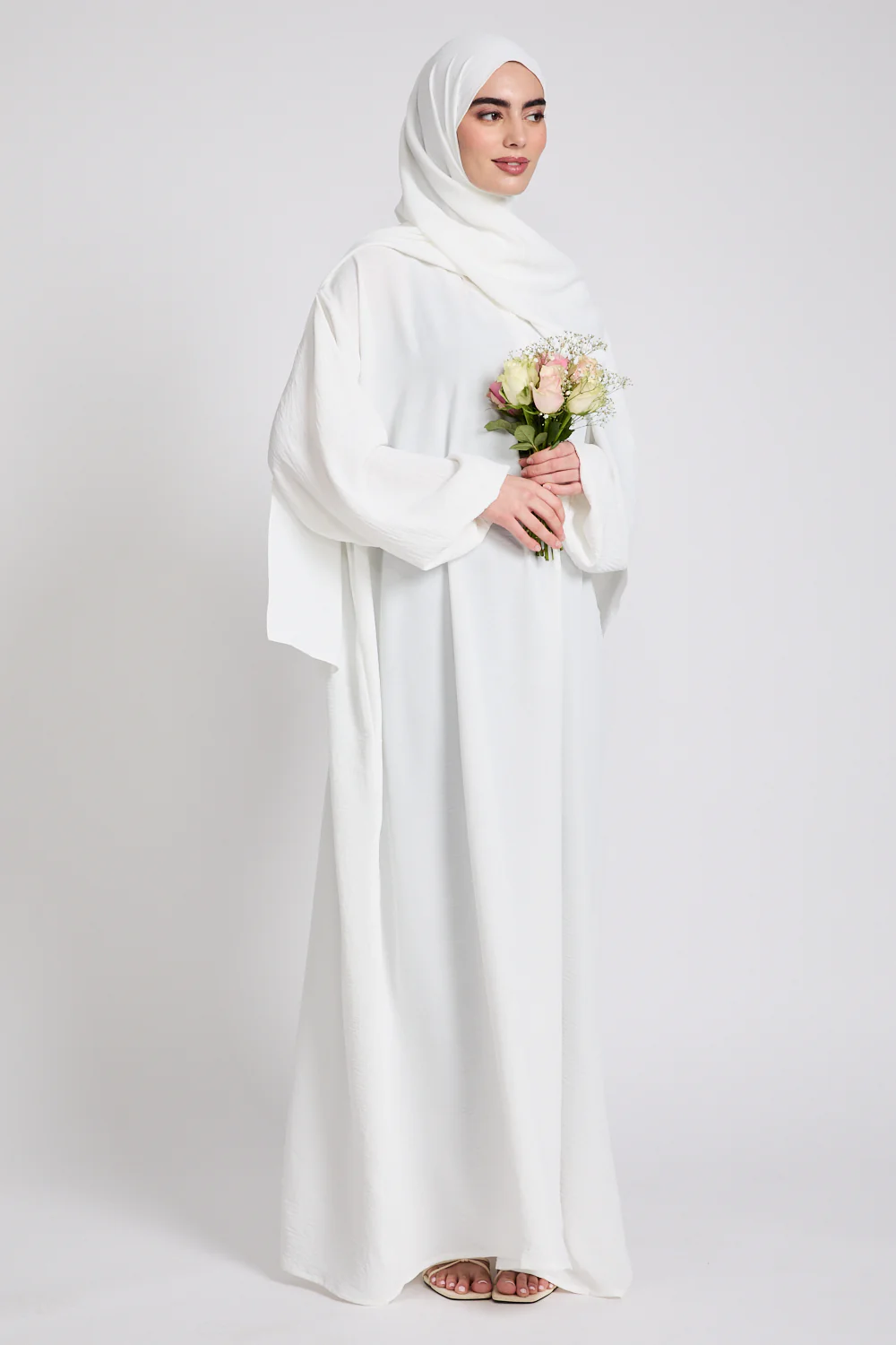 Closed Abaya with Front Zip and Attached Hijab - Off White - Image 8