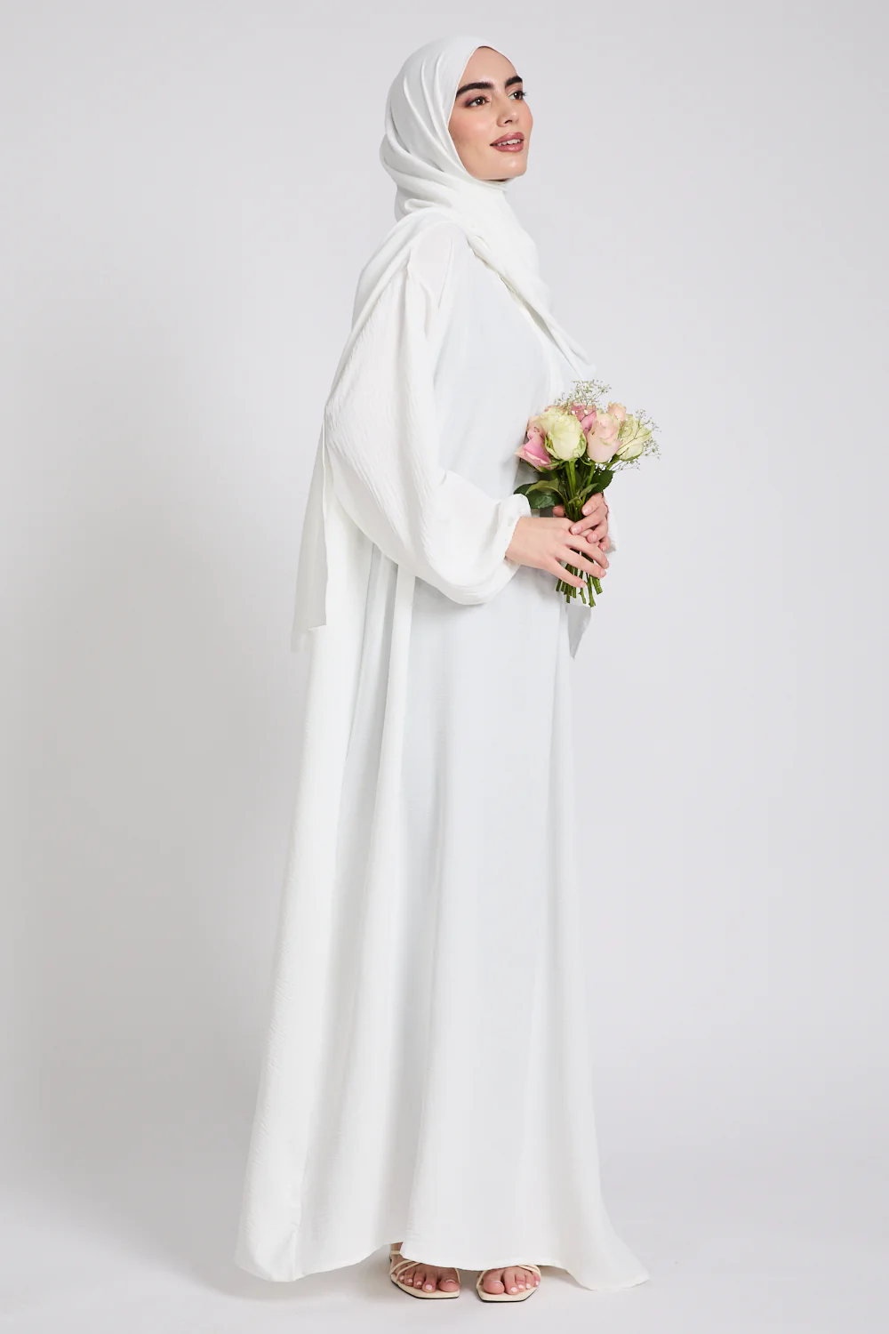 Closed Abaya with Front Zip and Attached Hijab - Off White - Image 9