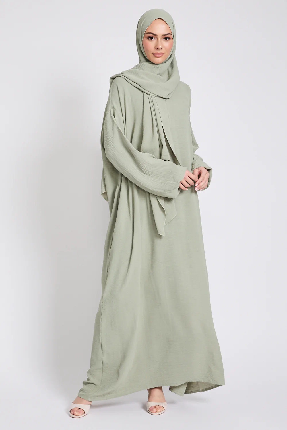 Closed Abaya with Front Zip and Attached Hijab - Pistachio