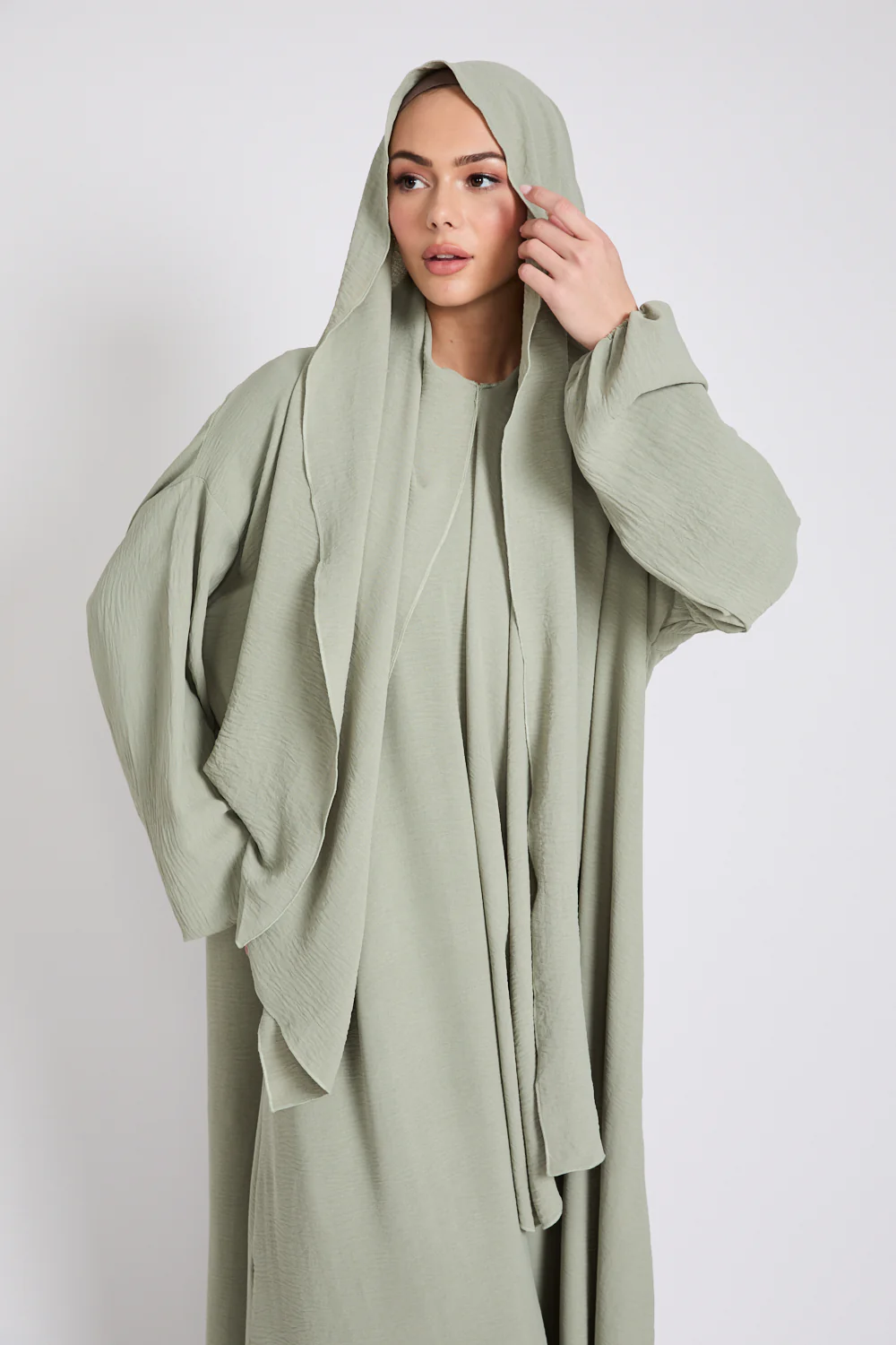 Closed Abaya with Front Zip and Attached Hijab - Pistachio - Image 10