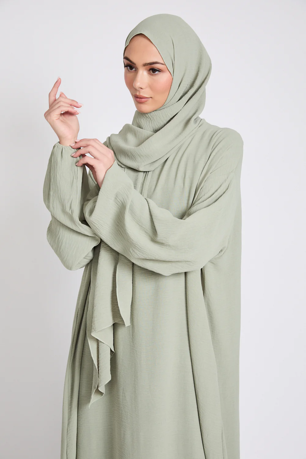Closed Abaya with Front Zip and Attached Hijab - Pistachio - Image 2