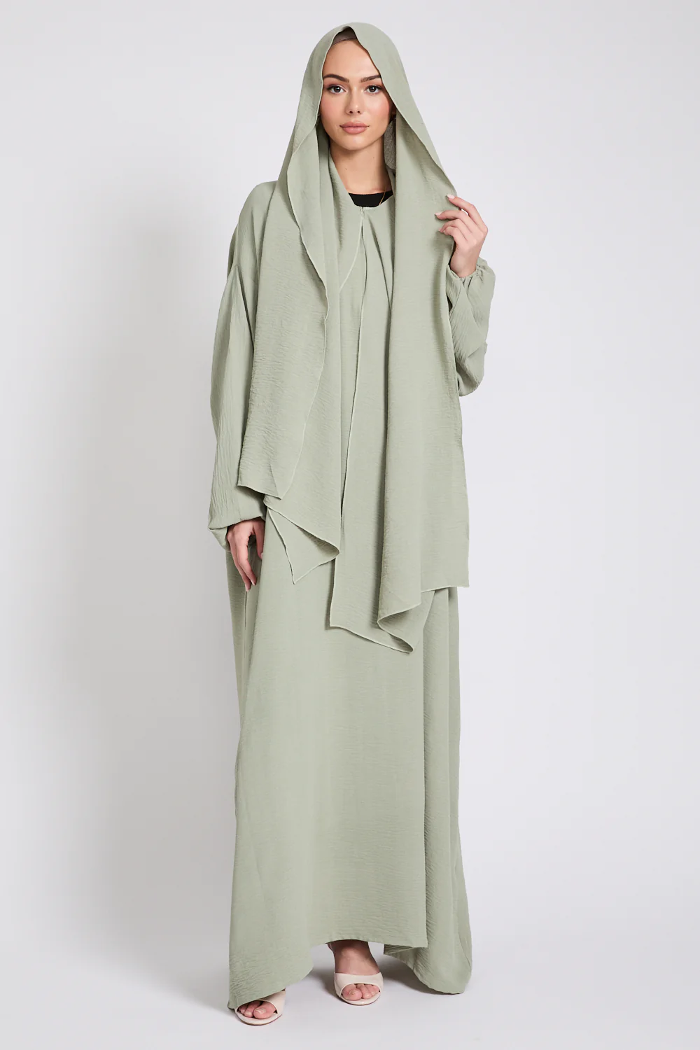 Closed Abaya with Front Zip and Attached Hijab - Pistachio - Image 3