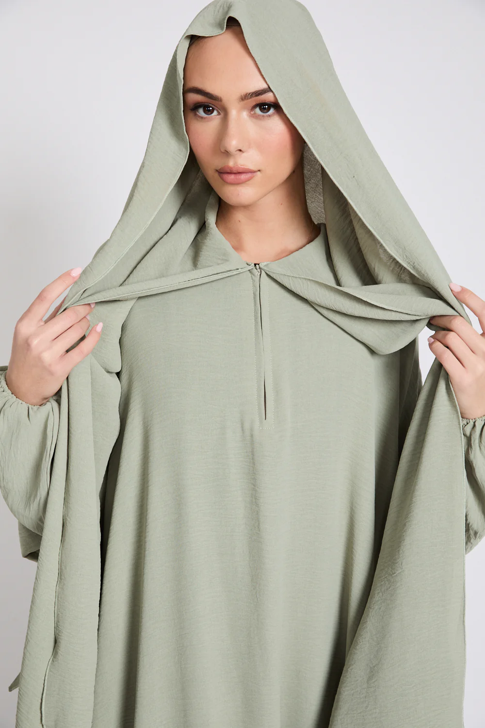 Closed Abaya with Front Zip and Attached Hijab - Pistachio - Image 4
