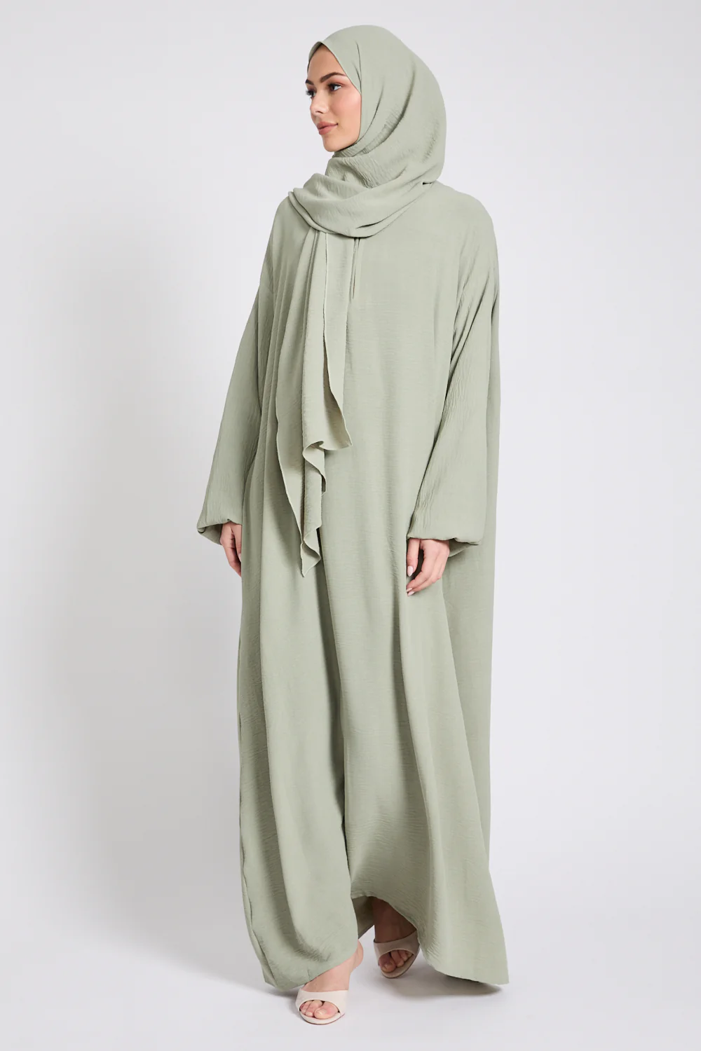 Closed Abaya with Front Zip and Attached Hijab - Pistachio - Image 5