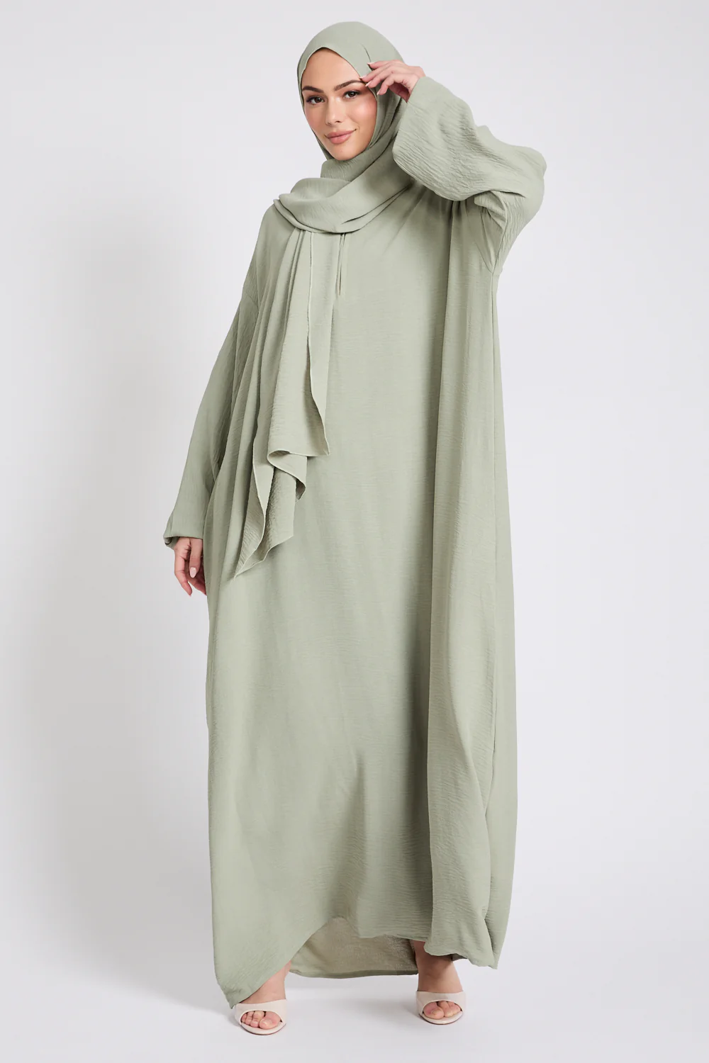 Closed Abaya with Front Zip and Attached Hijab - Pistachio - Image 6