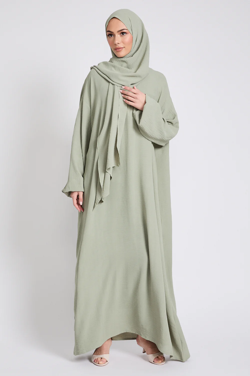 Closed Abaya with Front Zip and Attached Hijab - Pistachio - Image 7