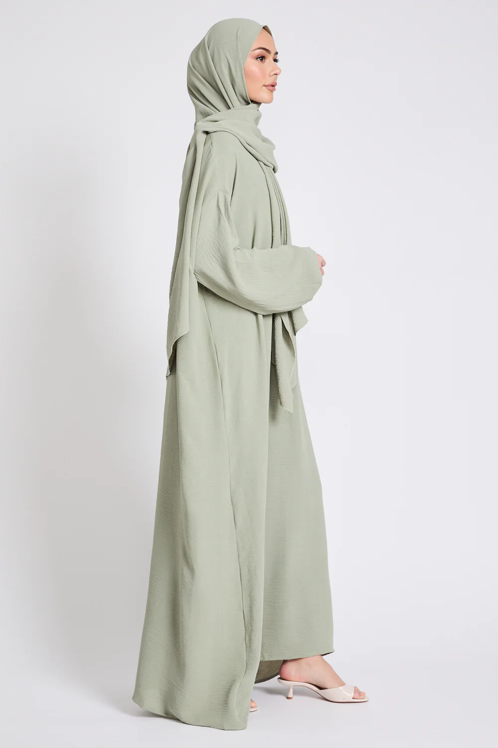Closed Abaya with Front Zip and Attached Hijab - Pistachio - Image 8