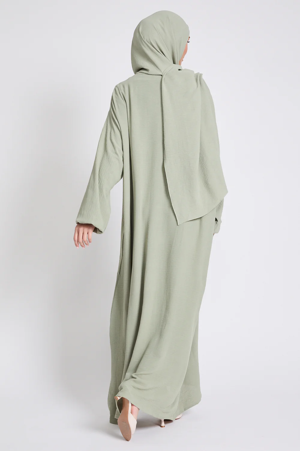 Closed Abaya with Front Zip and Attached Hijab - Pistachio - Image 9