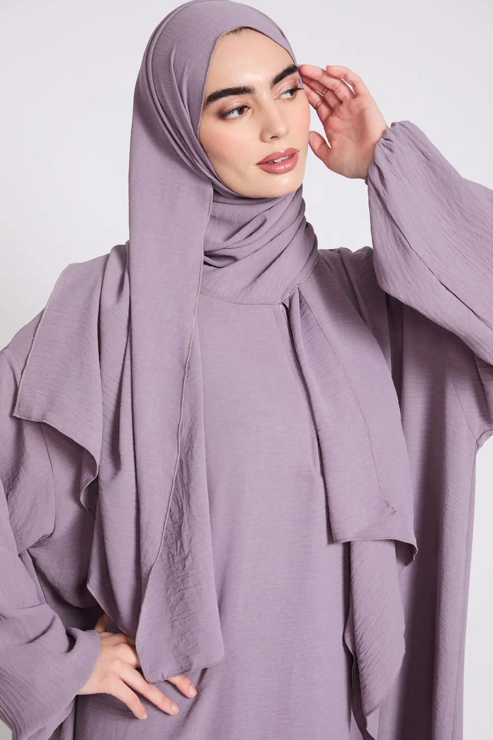 Closed Abaya with Front Zip and Attached Hijab - Royal Lilac - Image 2