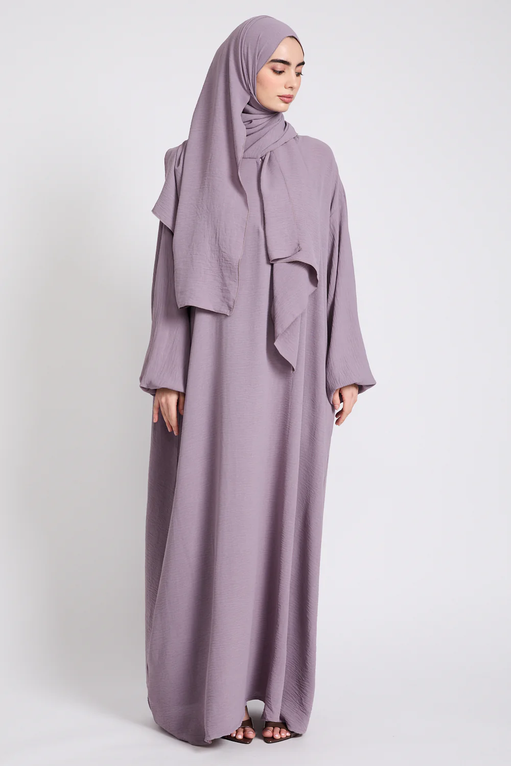 Closed Abaya with Front Zip and Attached Hijab - Royal Lilac - Image 3