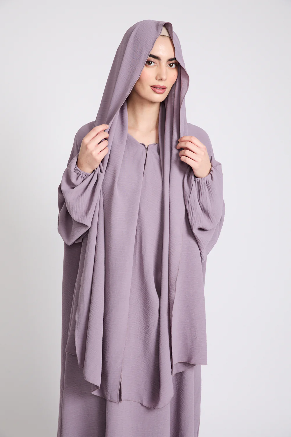 Closed Abaya with Front Zip and Attached Hijab - Royal Lilac - Image 4