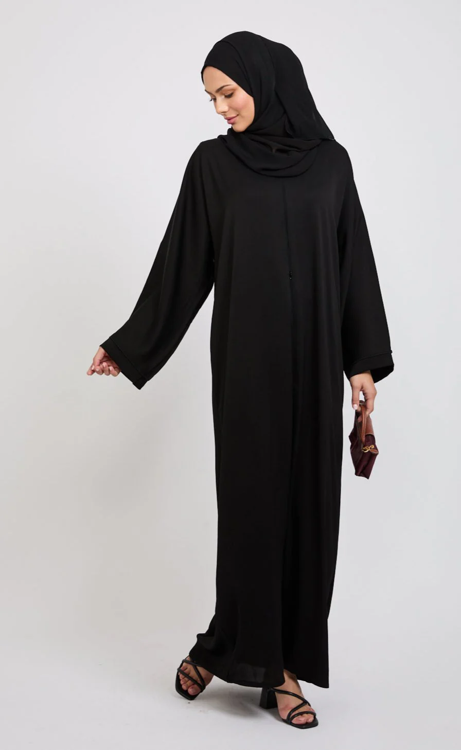 Closed Textured Abaya with Dainty Detailing - Black - Image 3