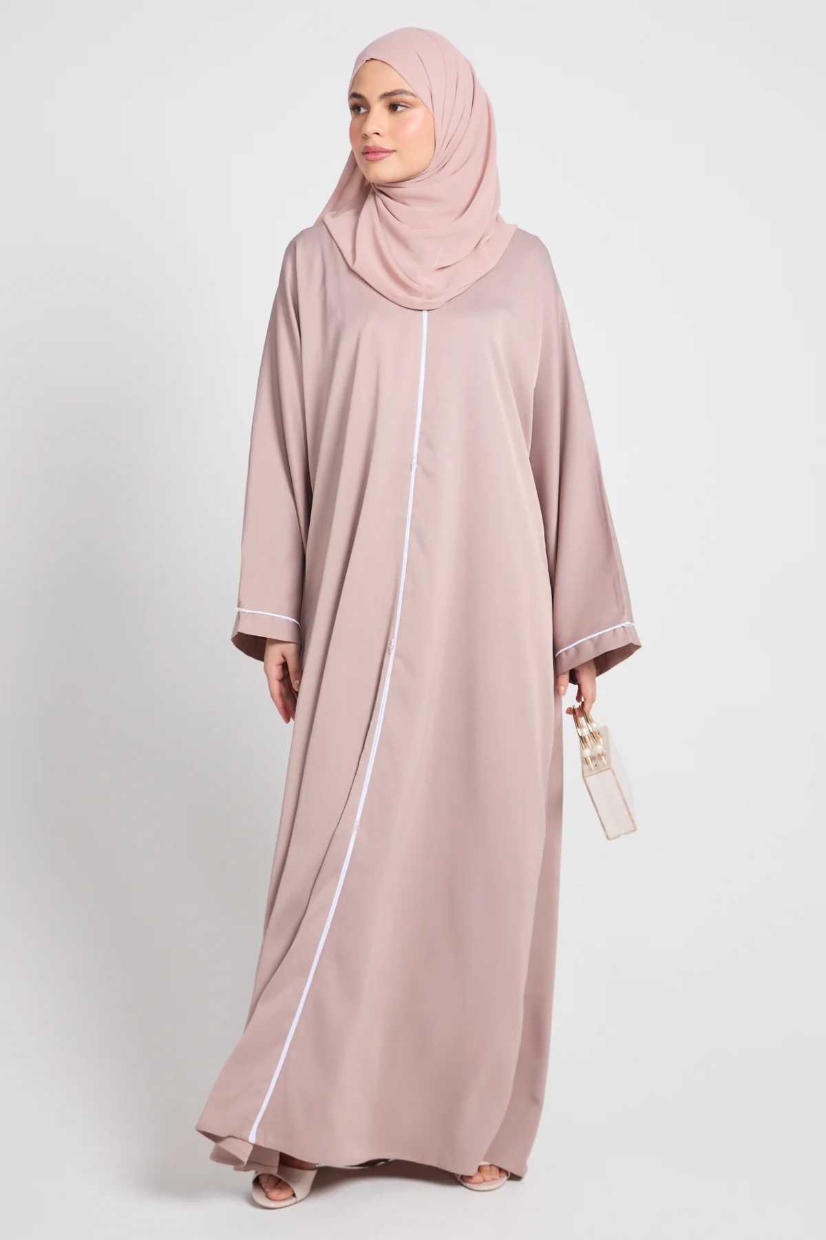 Closed Textured Abaya with Dainty Detailing - Blush Sand